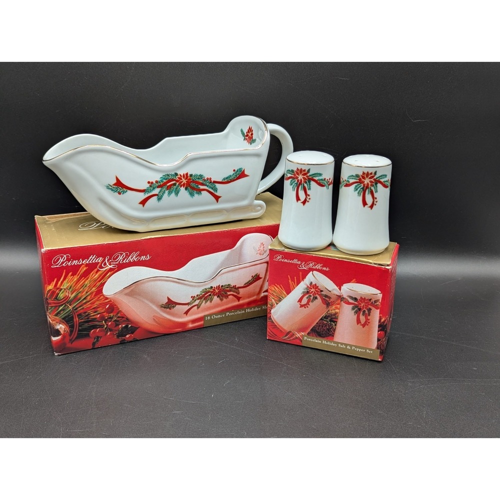 VTG Poinsettia & Ribbons Porcelain Salt & Pepper With 16oz Gravy Boat